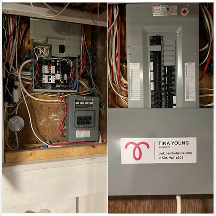 Before and after of a new electrical box installation by Twisted Electric. After shows a Twisted Electric, Tina Young sticker.